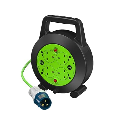 Image of SLx 10m Camping Extension Lead Reel, 16A Hook-Up Plug to 4 Gang 13A UK Sockets, Cassette Cable Reel with Thermal Cut-Out & Indicator Light, Caravan & Motorhome Power Cable