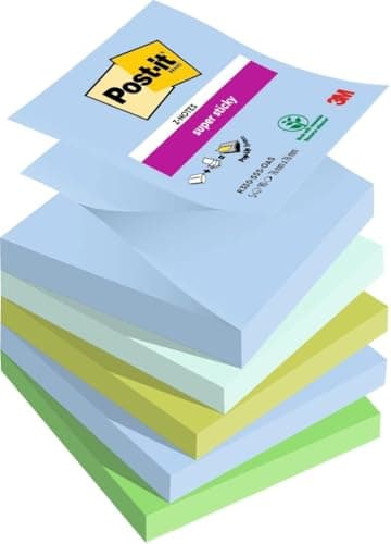 Image of Post-it Super Sticky Z-Notes, 450 Sheets, Pack of 5 Pads, 76 mm x 76 mm - Holds Strong to Many Surfaces - Blue, Green - for Walls, Monitors and Fridge, Recycable