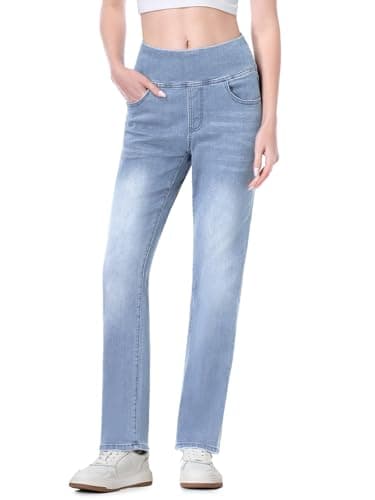 Image of Chasehot Pull on Jeans for Women, High Waisted Stretchy Trendy Straight Bootcut Elastic Waist Tummy Control Tapered Denim Jeggings Iceland Blue-M