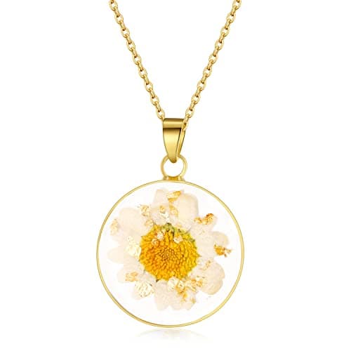 Image of WESIHOO Natural Daisy Necklace | April Birth Flower Necklace | Gold Pressed Flower Jewellery | Hanmade Jewellery | Symbols of Caring and Strong | Gift for Women | 18”