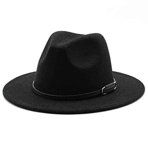 Image of Women Classic Felt Fedora Hat Wide Brim Wool Panama Hat Jazz Cap with Belt Buckle (Black 56-58cm)