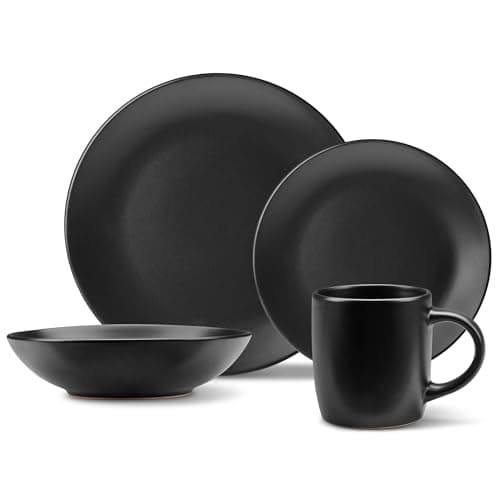 Image of VonShef Dinner Set for 4, 16 Piece Plate & Bowl Set, Plate Set with 28cm Diameter Dinner Dish, 21cm Side Dish, 16cm Bowls & Mugs, Matte Black Dishwasher & Microwave Safe Tableware