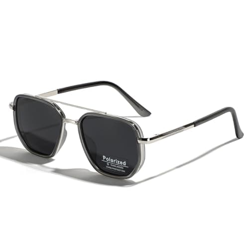 Image of LIGOES TR90 Polarised Sunglasses Retro Square Flattop Sunglasses Double Bridge Full Frame UV400 Lens Glasses, Silver With Black, 44 mm x 53 mm x 18 mm