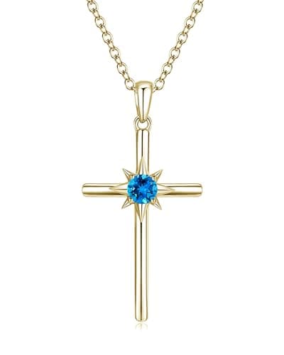 Image of LOCIBLO November Birthstone Necklaces for Women 925 Sterling Silver Cross Pendant Yellow Gold Plated Created London Blue Topaz Necklace Crucifix Jewellery for Her, 16"+2"