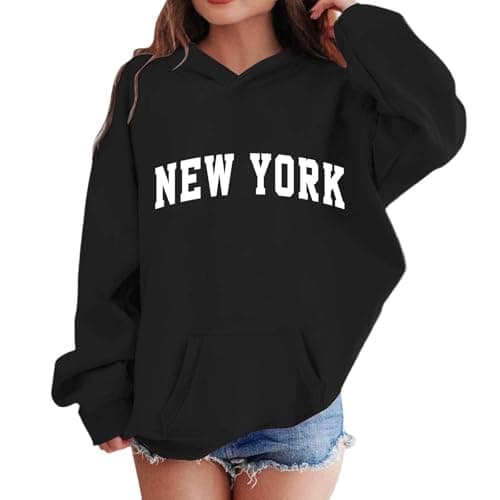 Image of Girls Hoodies Letter Print New York Design Long Sleeve Casual Hoodless Pullover Sweatshirt Comfortable Loose Fit Fashion Top Kids Age 3 to 13 Years(Black, 11-12 Years)