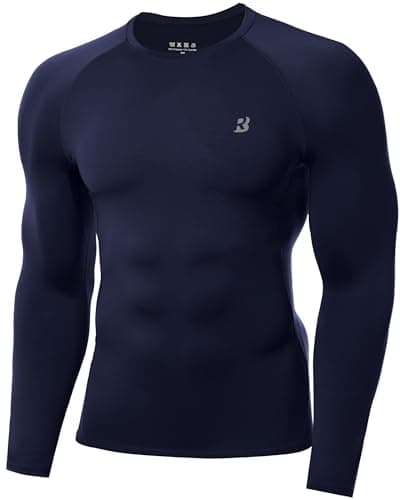Image of Roadbox Men's Compression Base Layer Shirt Long Sleeve, Quick Dry Performance Compression Top for Running Gym Workout Navy