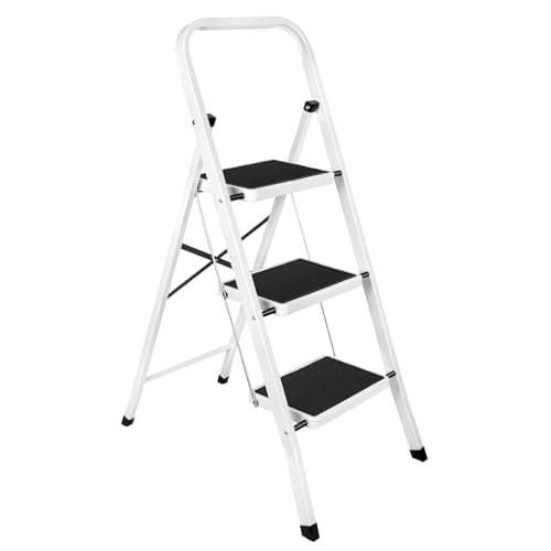 Image of Futura 3 Step Ladder White, Heavy-Duty Steel Folding Ladder & Folding Step Stool with Wide Non-Slip Steps, Anti Slip Feet, 150kg Load Capacity, Ideal for Home/Kitchen/Garden or DIY Step Stool
