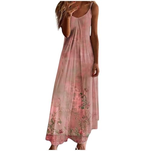 Image of Maxi Dresses for Women UK Sleeveless Spaghetti Strap Dress Summer Floral Print V Neck Dresses Casual Oversized Strappy A-line Dress Baggy Holiday Vacation Beach Long Sundress