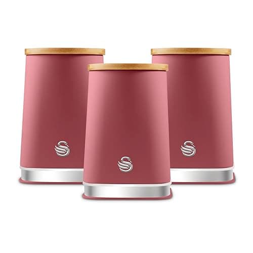Image of Swan Nordic SWKA18524FUS Set of 3 Kitchen Storage Canisters for Tea, Coffee, and Sugar with Non-Slip Bases Durable Iron Body with Soft Touch Matt Finish and Chrome Trims, 1.3L, Fuchsia Rose