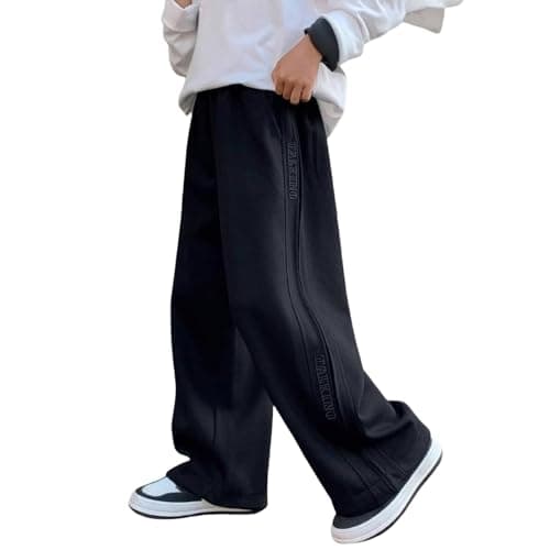 Image of BFYSFBAIG Baggy Joggers for Boys Girls UK, Cotton Blend Loose Fit School Trousers Bottoms Straight Leg Jogging Bottoms Elastic Waist Athletic Sweatpants for Big Kids 15-16 Years Black