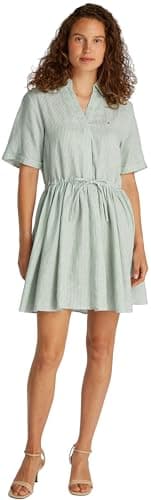 Image of Tommy Hilfiger Women’s Short Linen Dress with Waist Belt, Multicolor (Classic Ithaca/Fort Green), 16