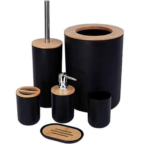 Image of JETAINE 6 Pieces Bamboo Bathroom Accessories Modern Bathroom Accessory Set Luxury Bathroom Bin and Toilet Brush Set, Toothbrush Holder Tumbler Soap Dish Trash Can Soap Dispenser Bath Set Gift