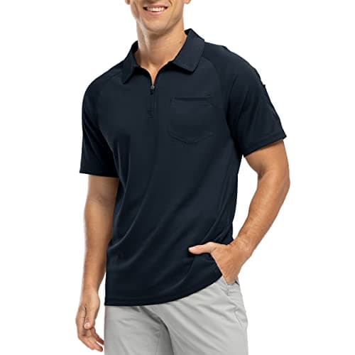 Image of Rdruko Polo Shirt Men 1/4 Zip Neck Short Sleeve Smart Casual Breathable Wicking Quick Dry Work Golf Tee Top with Pocket Navy Blue XL