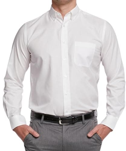 Image of Double TWO Men's Oxford Shirt Long Sleeve Classic Fit Button Down Collar Shirt - King Size, White, 19" Collar