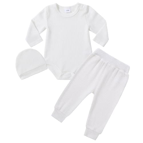 Image of Amissz Newborn Baby Boy Clothes Set, 6-12 months Infant Long Sleeve Romper + Hat + Pants 3pcs Outfits Sets White