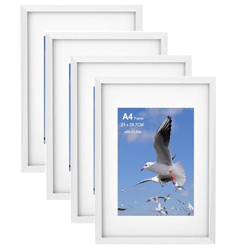 Image of Szyeequoo A4 Picture Frame White 4 Pack, A4 Photo Frames with Mount for A4 or A5, Acrylic Front Safer Than Glass, Wall & Tabletop Display, 21 x 29.7 cm