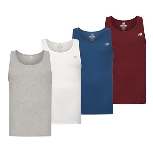 Image of New Balance Men's Cotton Performance Rib Tank Top Vest (Pack of 4), White/Light Heather Grey/Blue Agate/Core Burgundy, Medium
