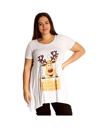 Image of H&F ® Women’s Ladies Short Sleeve Round Neck Snowflake Reindeer Hanky Xmas Top Rudolph Reindeer Christmas Print T-Shirt Sizes 14 16 18 20 22 24 26 28 White