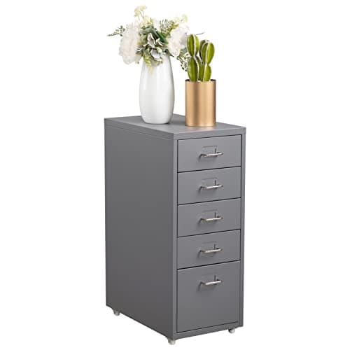 Image of HollyHOME 5-Drawer Mobile File Cabinet, Filing Cabinet, Rolling Filing Organizer, Metal Storage Cabinet with Casters for Home,Office and School, Grey