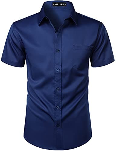Image of PARKLEES Mens Casual Urban Stylish Slim Fit Short Sleeve Button Up Dress Shirt with Pocket ZLSC15 Navy Blue L