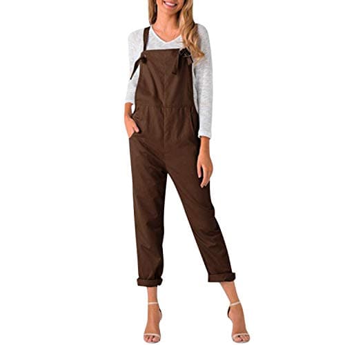 Image of Petalum Women Girls Fahion Bib Overalls Loose Dungarees Jumpsuit Adjustable Straps Straight Pants with Pockets Plus Size Brown 18/tag 2XL