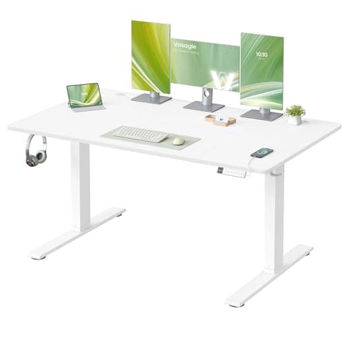 Image of VASAGLE Electric Standing Desk, 140 x 80 cm, USB C Port, Cable Tray, Height Adjustable Desk, Sedentary Reminder, 3 Memory Heights, for Home Office, Matte White LSD144WZ03