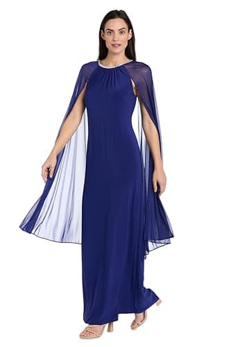 Image of R&M Richards Women's Elegant Sheath Evening Dress W/Jewel Neck & Chiffon Cape Overlay - Wedding Guest, Cocktail Attire, Electric Blue, 20 Plus