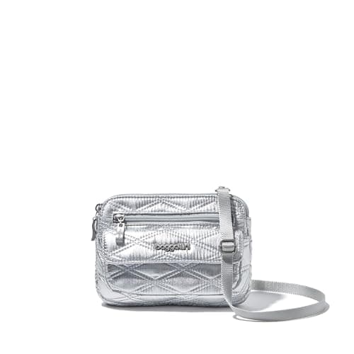 Image of Baggallini Modern Everywhere Mini Crossbody Women-7x0.8x5.5 Cross Body Small Purse Travel Bag-Quick-Access Pocket, Silver Metallic Quilt, One Size