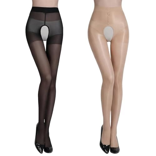 Image of Vxcvzv 2 Pairs Oil Shiny Suspender Tights High Waist Crotch Open Pantyhose Gloss Sheer Silk Stockings for Women Black (Black+Natural)