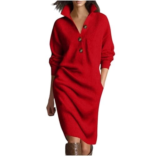 Image of Winter Dresses for Women UK Long Sleeve Collared Button Up Midi Sweater Dresses Autumn Elegant Knitted Casual Comfy Knee Length Plain Jumper Dress with Pockets