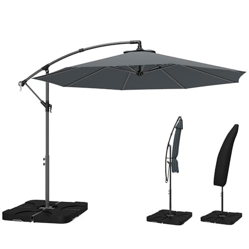 Image of Outsunny 3 m Cantilever Parasol with Umbrella Weights, Cross Base, Offset Outdoor Umbrella with Protective Cover, Crank Handle, Hanging Sun Shade, Dark Grey
