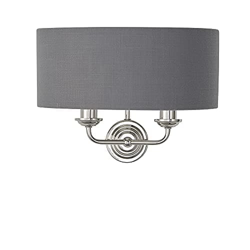 Image of National Lighting Celeste Decorative Wall Light - Bright Nickel 2 Way Multi Arm Wall Lamp with a Charcoal Coloured Fabric Shade - E14 Candle - Indoor Dimmable Light