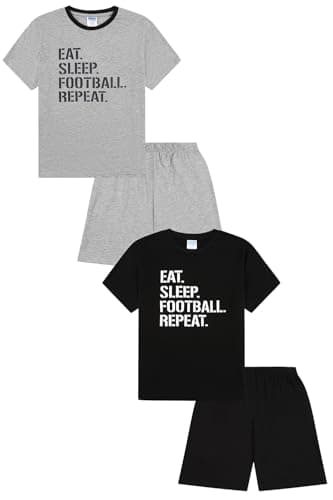 Image of ThePyjamaFactory Eat Sleep Football Repeat Short Black Grey 2 Pack Boys Pyjamas PJs For Kids (13-14 Years)