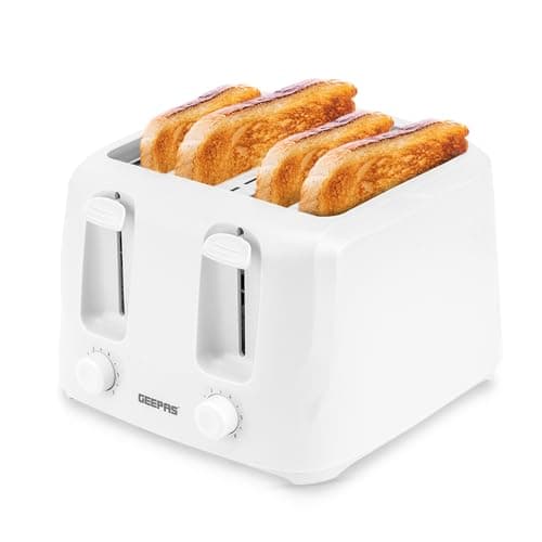 Image of GEEPAS 4 Slice Toaster | 6 Browning Levels with Cancel Function | For Thin Small Bread Slice | 2 Independent Controls 2 Removable Crumb Trays Cool Touch High Lift | 1 Yr Warranty 1400W White