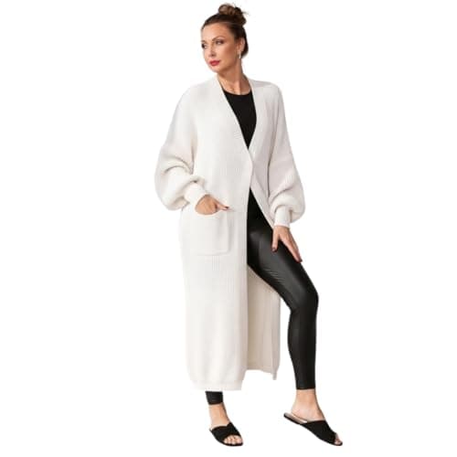 Image of HUBIBUBI Ladies Oversized Long Cardigan Balloon Sleeve Chunky Ribbed Open Knitted Maxi Jumper Ladies Maxi Knitted Puff Sleeve 2 Pocket Cardigan Boyfriend Sweater Top UK Size 8-22 Stone