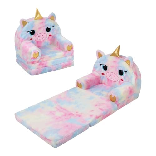 Image of Decalsweet Kids Sofa,Foldable Toddler Chair,2 in 1 Flip Out Kids Sofa Bed,Comfy Plush Toddler Couch for Bedroom Nursery,Gift for Girls,Unicorn