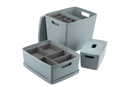 Image of INABOX Storage Box Set of 6 Cottage Blue With Lid And Tray, Storage boxes with lids, Plastic storage box with lid, BPA free, Bedroom, Laundry, Home & Office, (2 X 8L, 28L, 39L, 2 X Tray)