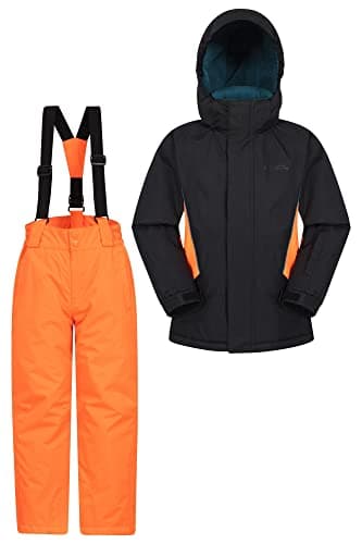 Image of Mountain Warehouse Kids Ski Jacket & Trousers Set - Snowproof Ski Outfit, Front Pockets, Fleece Lined Skiwear, Integrated Snowskirt - Best for Winter Snowboarding Orange (01) Kids Size 5-6 Years