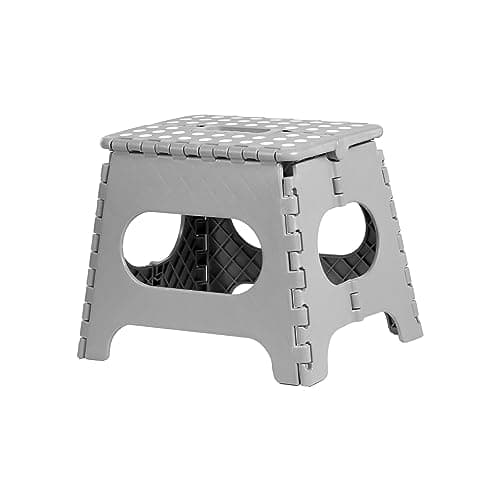 Image of iTrend 11 Inch Folding Step Stool - Heavy Duty Plastic for Adults & Kids - Opens with one Flip - Anti Skid Lightweight Foldable for Kitchen, Bathroom and Bedroom - Grey & White