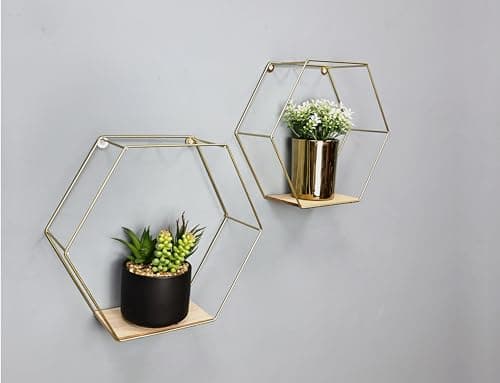 Image of spot on dealz® Set of 2 Metal Wired Hexagon Wall Floating Shelves Elegant Design Fully Assembled Display Unit (Gold)