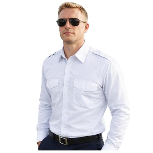 Image of Maan Store Mens Pilot Shirts Long Sleeves Security Bus Driver Shirt with Shoulder Appellate Two Front Pockets White