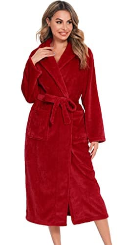 Image of Vlazom Women Dressing Gown, Flannel Soft Robe Warm Bathrobes with Shawl Collar and Pockets for Cold Day, Red, L(UK16-18)
