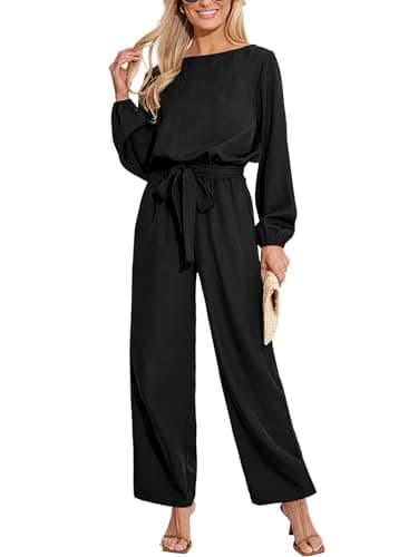 Image of CUPSHE Women's Jumpsuit Boat Collar Long Sleeve Wide Leg Back Split Belted Elegant Overall Black M