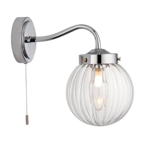 Image of firstchoicelighting Bathroom Wall Light with Pull Cord Switch, Modern Chrome Design with Glass Globe Shade, IP44 Rated and LED Compatible