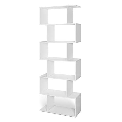 Image of Lillyvale S Shape Bookcase, 6 Tier Wooden Shelving Unit, Freestanding Storage Display Shelf for Living Room, Bedroom & Office, White