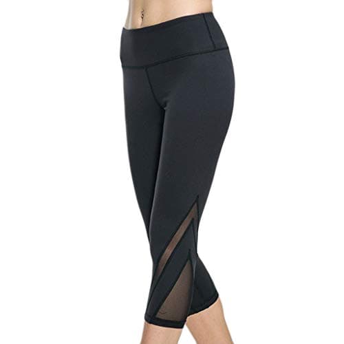 Image of Yubenhong Yoga Capri Pants for Women UK High Elastic Sports Stretch Mesh Leggings Ladies Casual Slim Fitted Women's Leggings Yoga Waist Running Capris Pants Fitness Workout Dance Cropped (L) Black