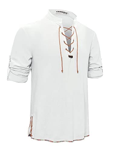Image of YAOHUOLE Linen Shirts for Men Smart Casual Long Sleeve Collarless Cozy Lace-up Shirts Plain Tops Cotton Classic Scottish Jacobite Ghillie Kilt Shirt White L