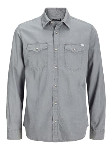 Image of Jack & Jones Men's Jjesheridan Shirt L/S Denim Shirt, Grey (Light Grey Denim Fit Slim), XL