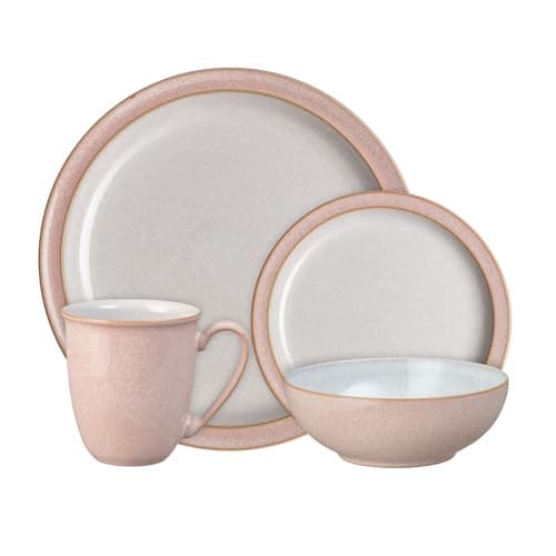 Image of Denby - Elements Sorbet Pink Dinner Set For 1 - 4 Piece Ceramic Tableware - Dishwasher Microwave Safe Crockery Single Place Setting - 1 x Dinner Plate, 1 x Small Plate, 1 x Cereal Bowl, 1 x Coffee Mug