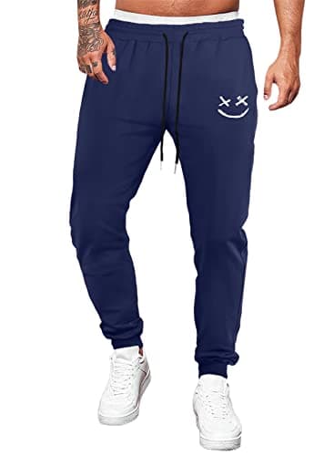 Image of JMIERR Mens Tracksuit Bottoms Sweatpants Graphic Tapered Track Gym Running Joggers Smiley Face Athletic Pants with Drawstring,Blue,Small